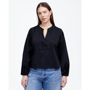 Madewell V-Neck Long-Sleeve Top SZ S Deep Indigo Pleated Sleeve Stretch Pullover